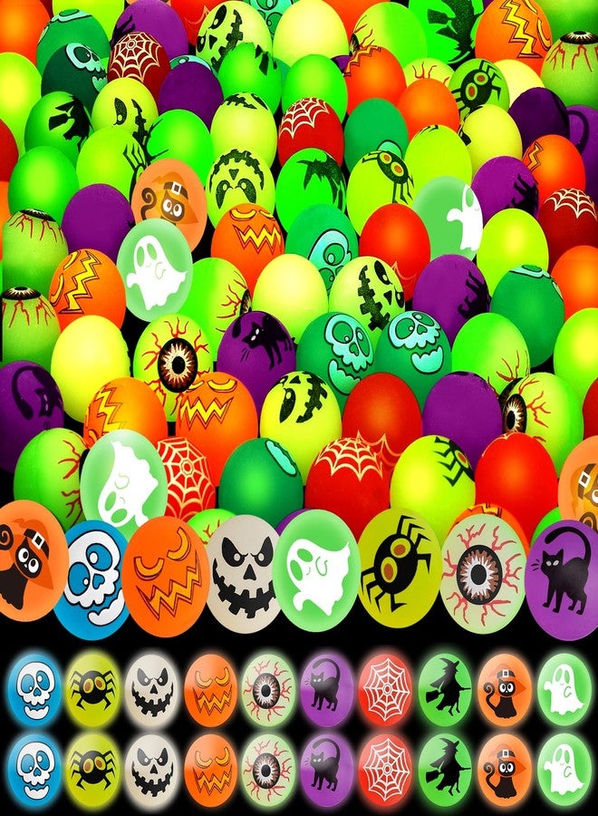 Shemira 100pcs Glow in The Dark Bouncing Balls,8 Halloween Theme Designs Bouncy Toys Balls, Halloween Party Favors Supplies, Trick or Treating Goodie, Halloween Miniatures,School Classroom Game Rewards - Image 1